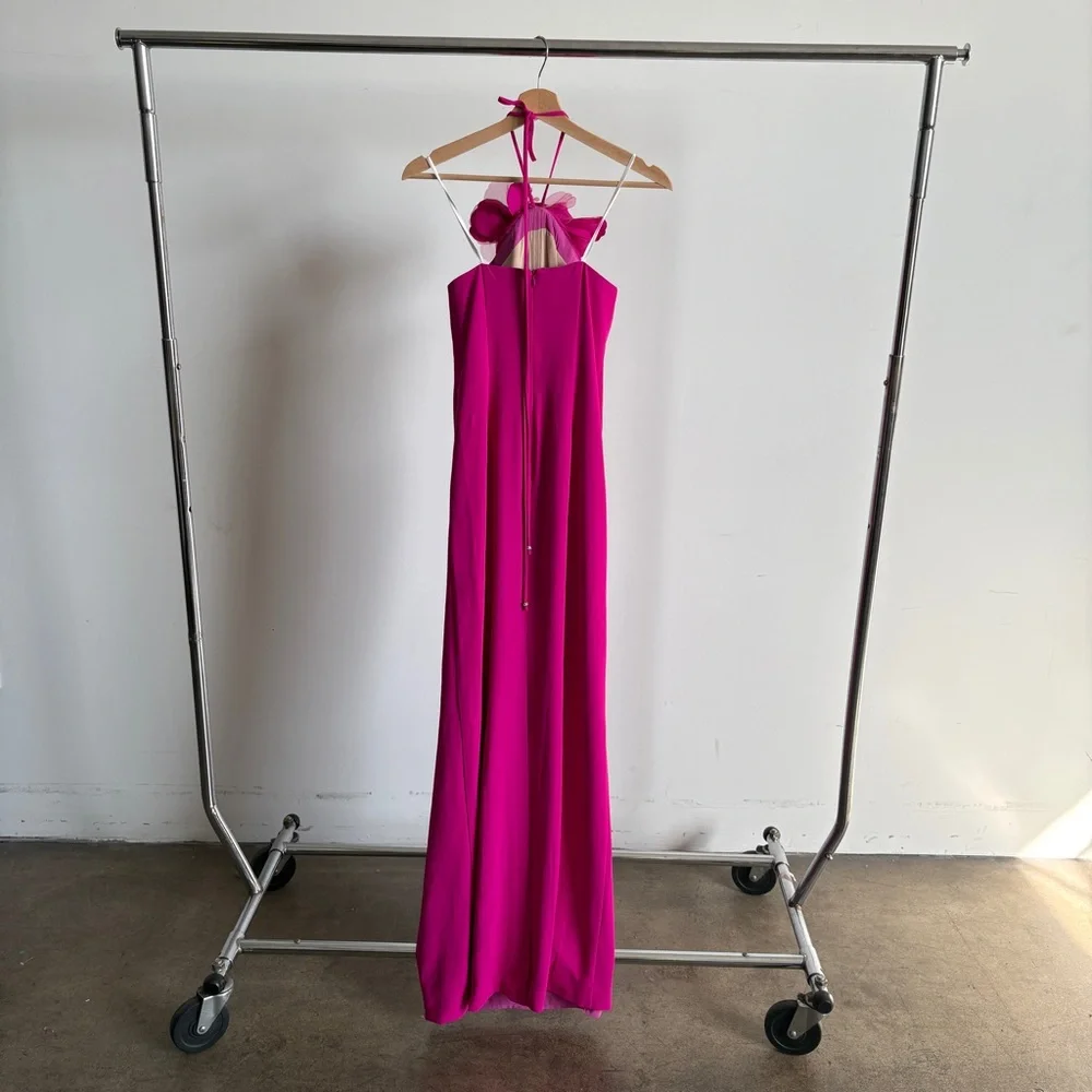 Halston Heritage Hot Pink Halter Maxi Dress with Floral Neck Detail - Picture 11 of 16